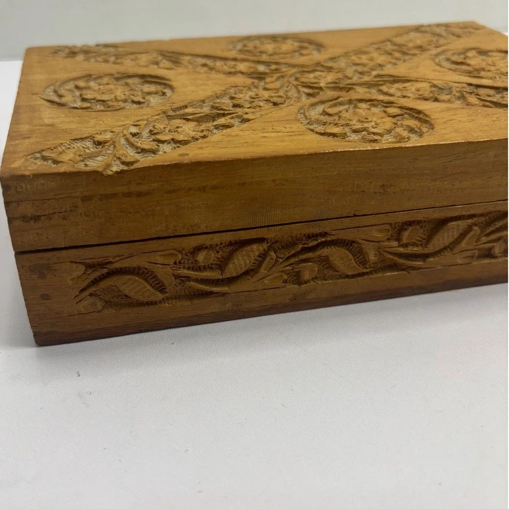 Vintage Hand Carved Wood Jewelry Trinket Box Floral India Boho Velvet Lined 8x5
